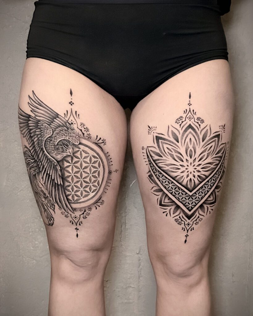 Tattoo by Peu Gaudenz — mandala pheoenix pernas